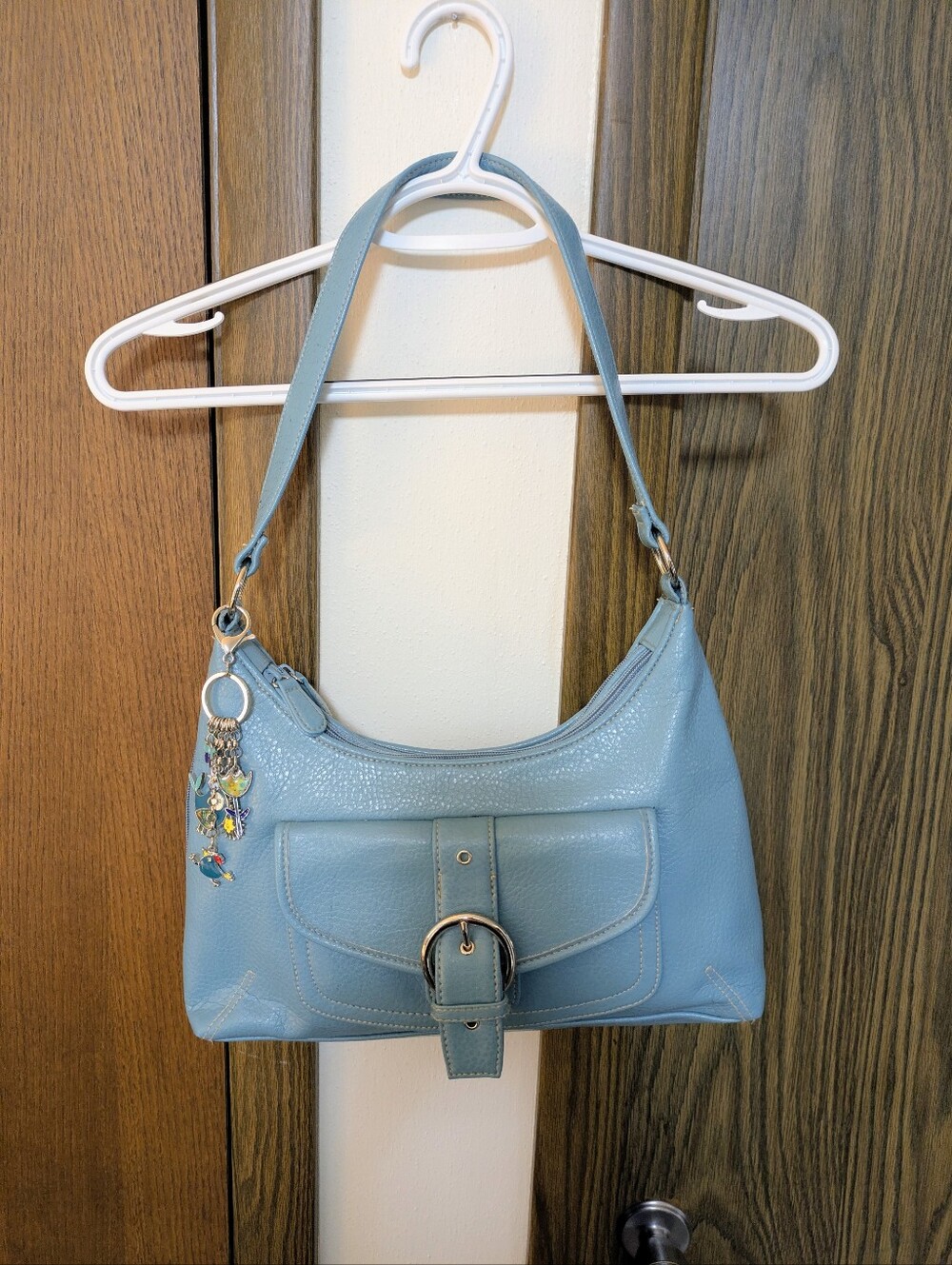Light Blue Shoulder Bag With Buckle Detailed Pocket And Purse Charm